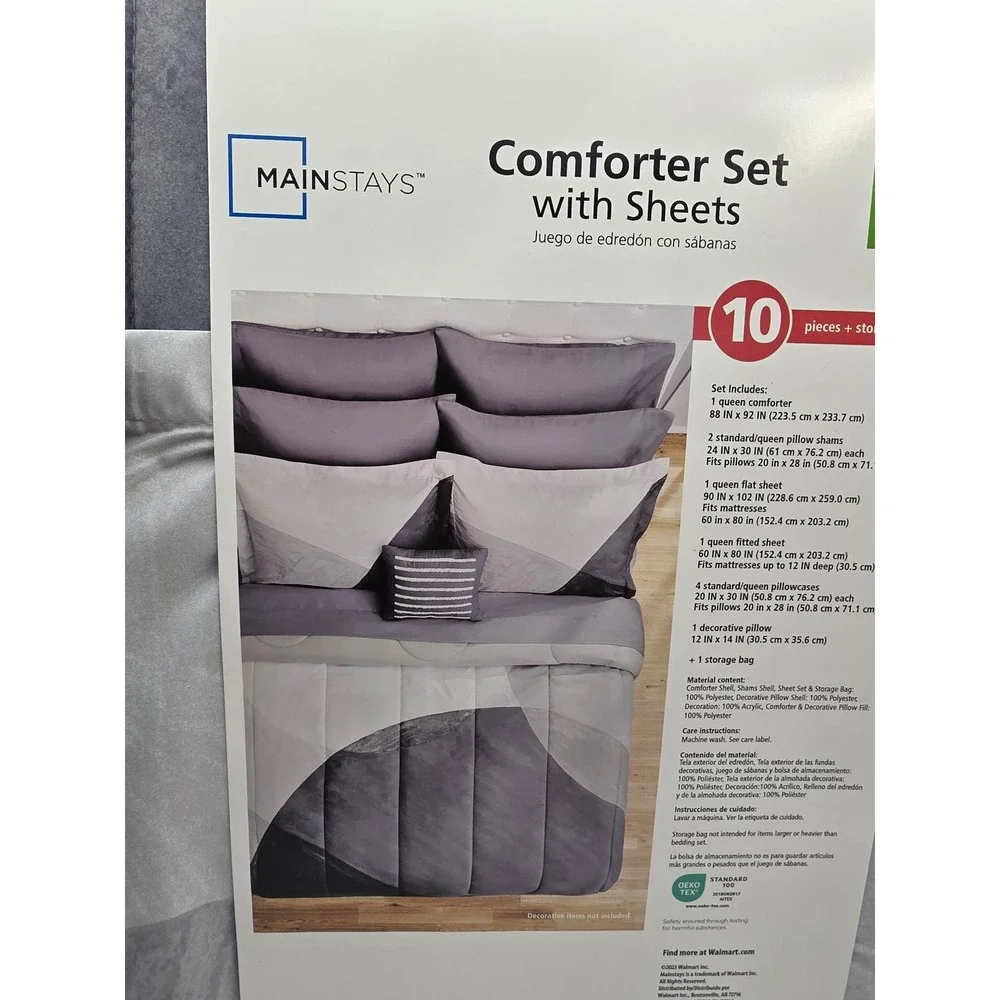 Mainstays Queen Comforter Set 10 Piece Grey White Geometric Sheets Pillow Set